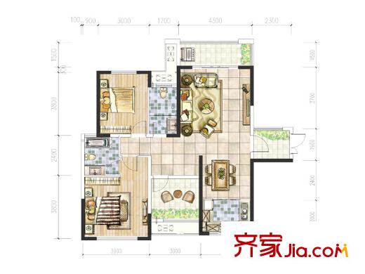 江河東瀾灣D3戶型 2室2廳2衛(wèi)1廚