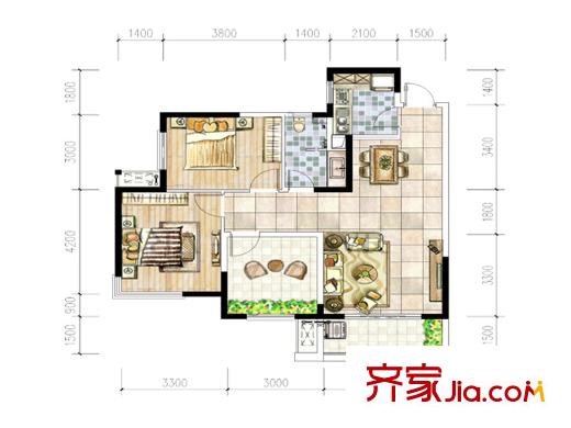 江河東瀾灣B1戶型 2室2廳1衛(wèi)1廚