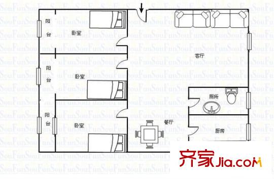 鑫湘佳園戶型圖3室2廳2衛(wèi)1廚  戶型圖 3室2廳2衛(wèi)1廚