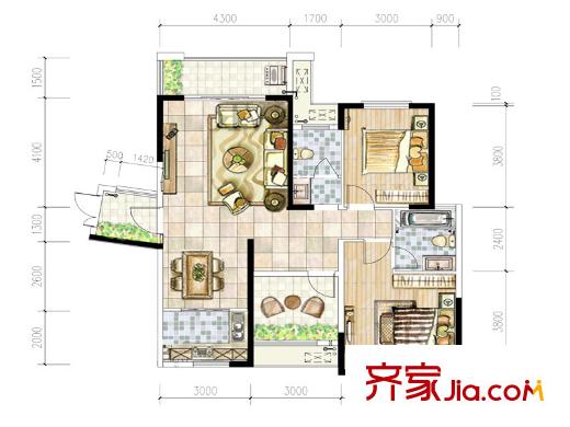 江河東瀾灣D2戶型 2室2廳2衛(wèi)1廚