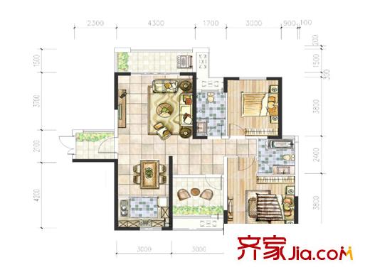 江河東瀾灣D4戶型 2室2廳2衛(wèi)1廚
