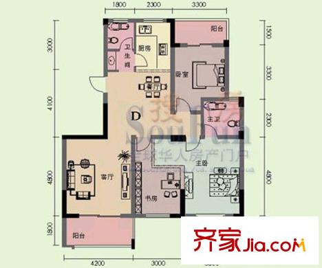 冠豪星城雅郡1、6、7棟D戶型 3室2廳1衛(wèi)1廚