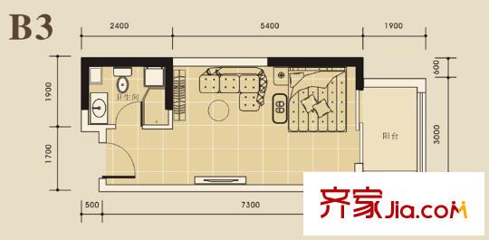 東塘瑞府B3戶型  1室1廳1衛(wèi)