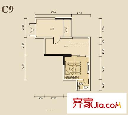 東塘瑞府C9戶型  1室1廳1衛(wèi)