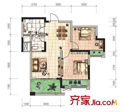 象嶼優(yōu)山美地戶型圖D2戶型 2室2廳1衛(wèi)