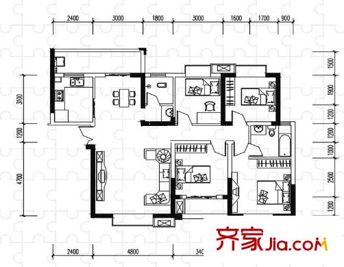 圣力華苑戶(hù)型圖四房大戶(hù)型 4室2廳2衛(wèi)1廚