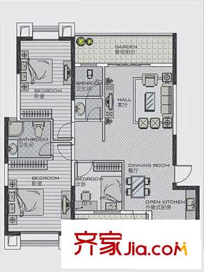 萬象新天戶型圖4E三房二廳二衛(wèi)戶型圖 118.80平方米 