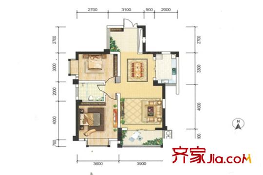 天晟海拔東方1、4號(hào)棟D戶型 2室2廳1衛(wèi)1廚