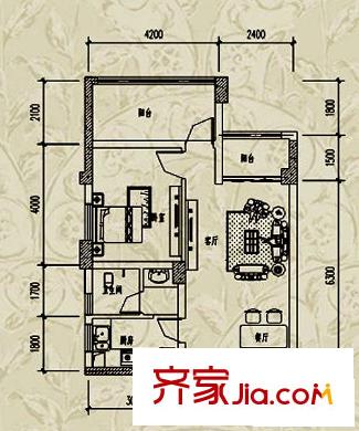 天晟海拔東方3號(hào)棟C2戶型 1室1廳1衛(wèi)
