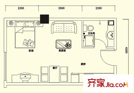 凱通國(guó)際城Ⅱ期凱通中心一期7、9棟8A戶型 1室1廳1衛(wèi)