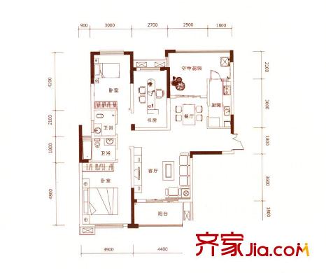 鑫遠(yuǎn)湘府華城戶型圖二期B1-1戶型 3室2廳2衛(wèi)