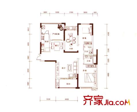 鑫遠(yuǎn)湘府華城戶型圖二期B1-2戶型 3室2廳2衛(wèi)