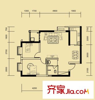 東璽門戶型圖一期M4-1棟C戶型 2室2廳1衛(wèi)