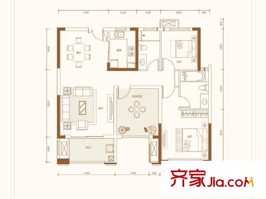 梅溪湖金茂悅4#6#7#8#9#10#E戶型 3室2廳2衛(wèi)1廚