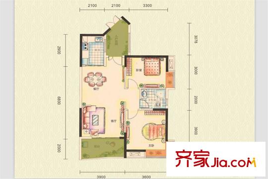 湘域熙岸E2-3戶型 2室2廳1衛(wèi)1廚