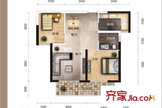 中國鐵建國際城17、20號棟B-1戶型 2室2廳1衛(wèi)1廚
