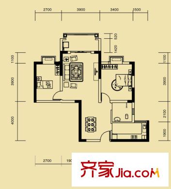 東璽門戶型圖一期M4-1棟E戶型 2室2廳1衛(wèi)