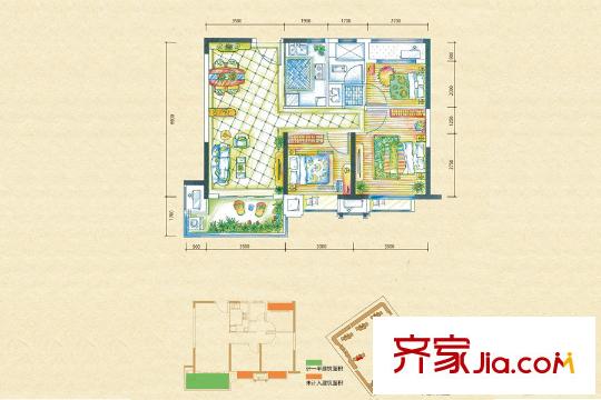 梅溪湖金茂悅?cè)?1、13號(hào)棟B1戶型 3室2廳1衛(wèi)1廚