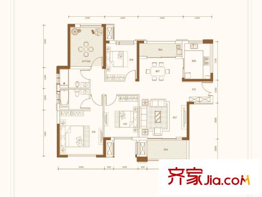 梅溪湖金茂悅1-10號(hào)棟B戶型 3室2廳2衛(wèi)1廚
