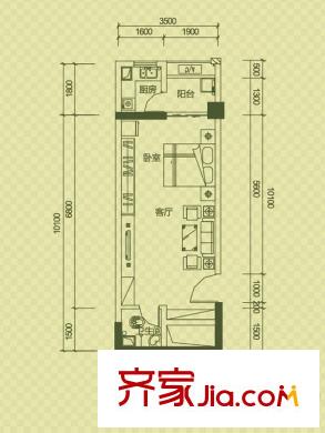 爵士湘二期6號棟D5戶型 1室1廳1衛(wèi)1廚