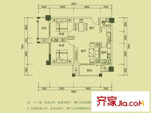 爵士湘二期6號棟D6戶型 2室2廳1衛(wèi)1廚