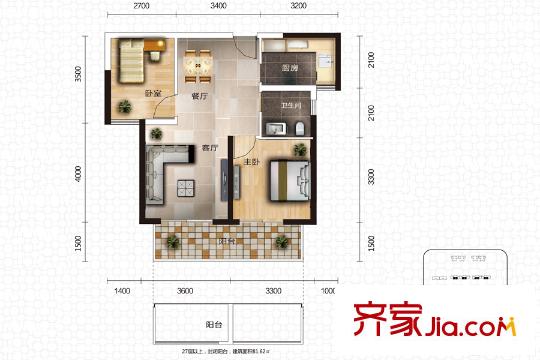 中國鐵建國際城26號棟B-1戶型 2室2廳1衛(wèi)1廚