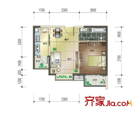 中國鐵建國際城A-1戶型（售完） 1室2廳1衛(wèi)1廚