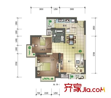 中國鐵建國際城B-1戶型圖（售完） 2室2廳1衛(wèi)1廚