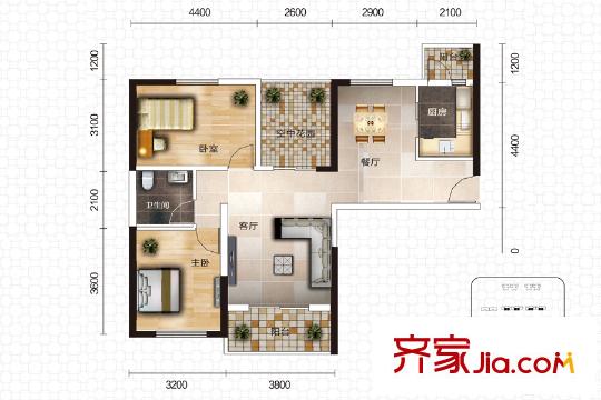 中國鐵建國際城26號棟C-1戶型 2室2廳1衛(wèi)1廚