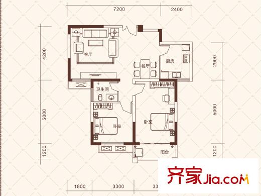克拉美麗山莊9號(hào)棟A2左戶(hù)型 2室2廳1衛(wèi)1廚