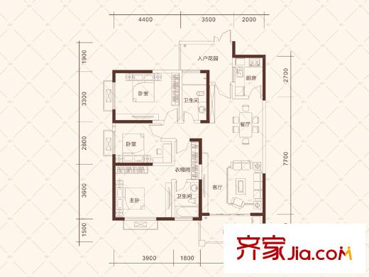 克拉美麗山莊9號(hào)棟G2戶(hù)型 3室2廳2衛(wèi)1廚