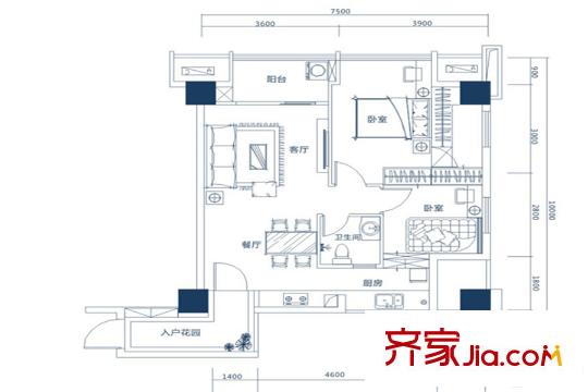 盛地尊域1號棟A戶型 2室1廳1衛(wèi)1廚