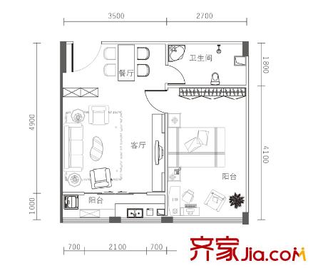 I DO1號棟C-1戶型 1室1廳1衛(wèi)1廚