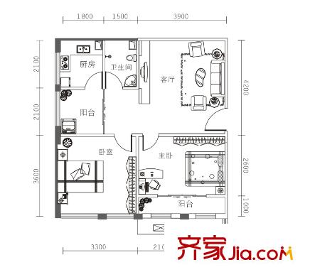 I DO1號(hào)棟B戶型 2室2廳1衛(wèi)1廚