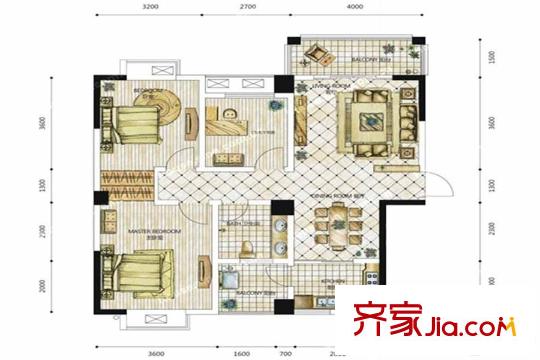 紫云閣1棟B戶型 3室2廳1衛(wèi)1廚