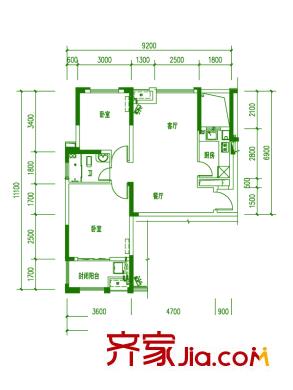 湘江錦繡A1-1戶型 2室2廳1衛(wèi)1廚
