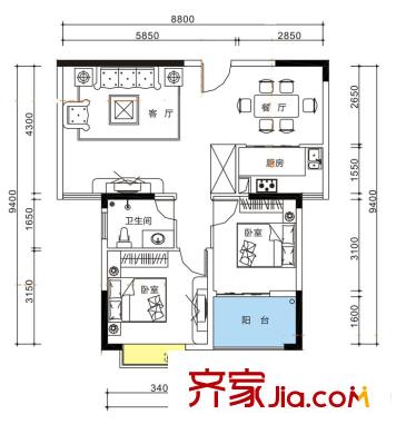 i尚國際1棟27層朝南F戶型 2室2廳1衛(wèi)1廚