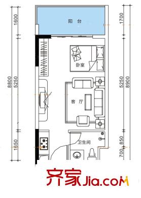 i尚國際1棟27層朝北B戶型 1室1廳1衛(wèi)1廚