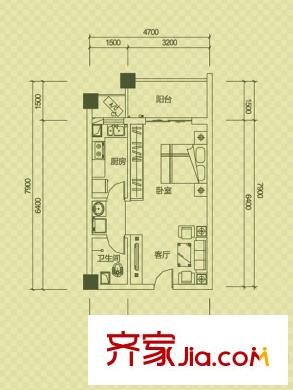 爵士湘二期6號棟D2戶型 1室1廳1衛(wèi)1廚