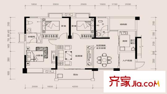 爵士湘二期1、6號棟C-1戶型 3室2廳2衛(wèi)1廚