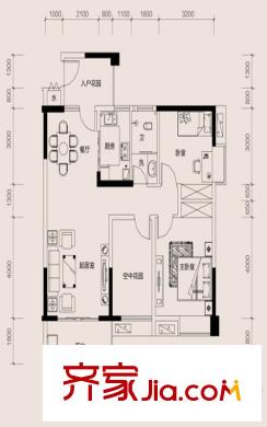 爵士湘二期1號棟B-2戶型 2室2廳1衛(wèi)1廚