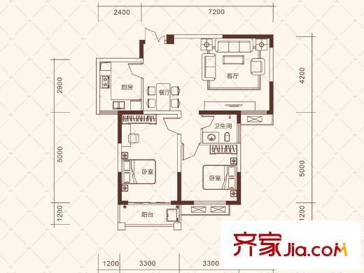 克拉美麗山莊9號(hào)棟A2右戶(hù)型 2室2廳1衛(wèi)1廚