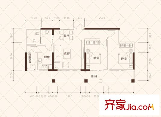 克拉美麗山莊5號(hào)棟E3戶(hù)型 2室2廳1衛(wèi)1廚