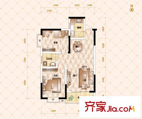 恒廣國際景園8-13號棟A-5戶型 2室2廳1衛(wèi)1廚