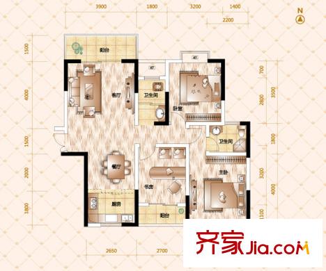 恒廣國際景園8-13號棟A-4戶型 3室2廳2衛(wèi)1廚