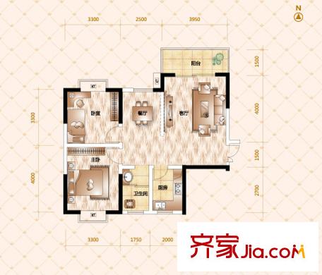 恒廣國際景園B-3戶型 2室2廳1衛(wèi)1廚