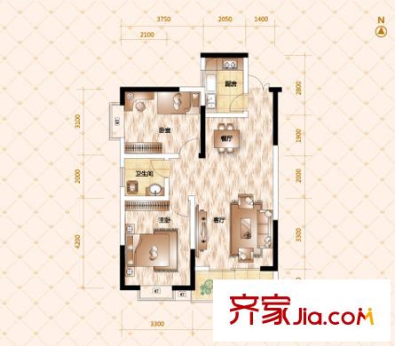 恒廣國際景園8-13號棟A-1戶型 2室2廳1衛(wèi)1廚