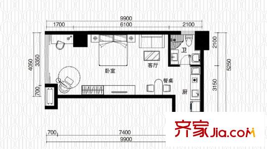恒大金都一期31層朝北D戶型 1室1廳1衛(wèi)