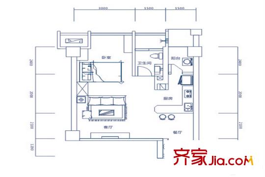 盛地尊域1號棟D戶型 1室1廳1衛(wèi)1廚