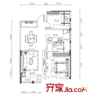 I DO1號(hào)棟A-1戶型 2室2廳1衛(wèi)1廚
